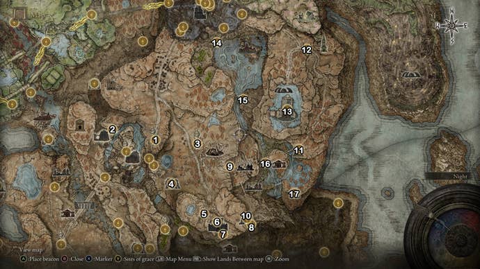 A map screen from Elden Ring Shadow of the Erdtree showing the numbered Site of Grace locations for Scadu Altus