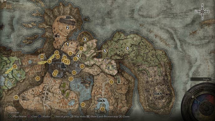 A map screen from Elden Ring Shadow of the Erdtree showing the numbered Site of Grace locations for Scaduview Hinterland.