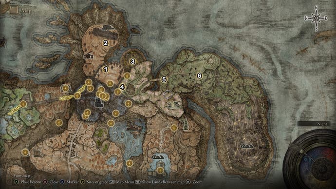 A map screen from Elden Ring Shadow of the Erdtree showing the numbered Site of Grace locations for Scaduview Hinterland.