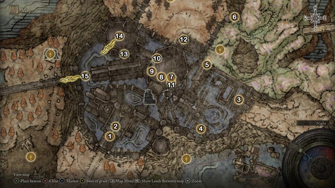 A map screen from Elden Ring Shadow of the Erdtree showing the numbered Site of Grace locations for Shadow Keep.