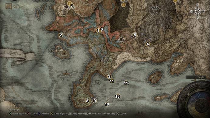 A map screen from Elden Ring Shadow of the Erdtree showing the numbered Site of Grace locations for the Southern Shore.