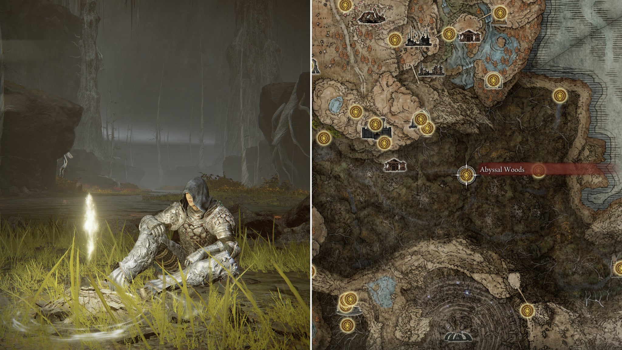 Two screenshots from Elden Ring: Shadow Of The Erdtree. Left: the player sits next to the Abyssal Woods Site Of Grace. Right: the location of that Site Of Grace on the map. - 77
