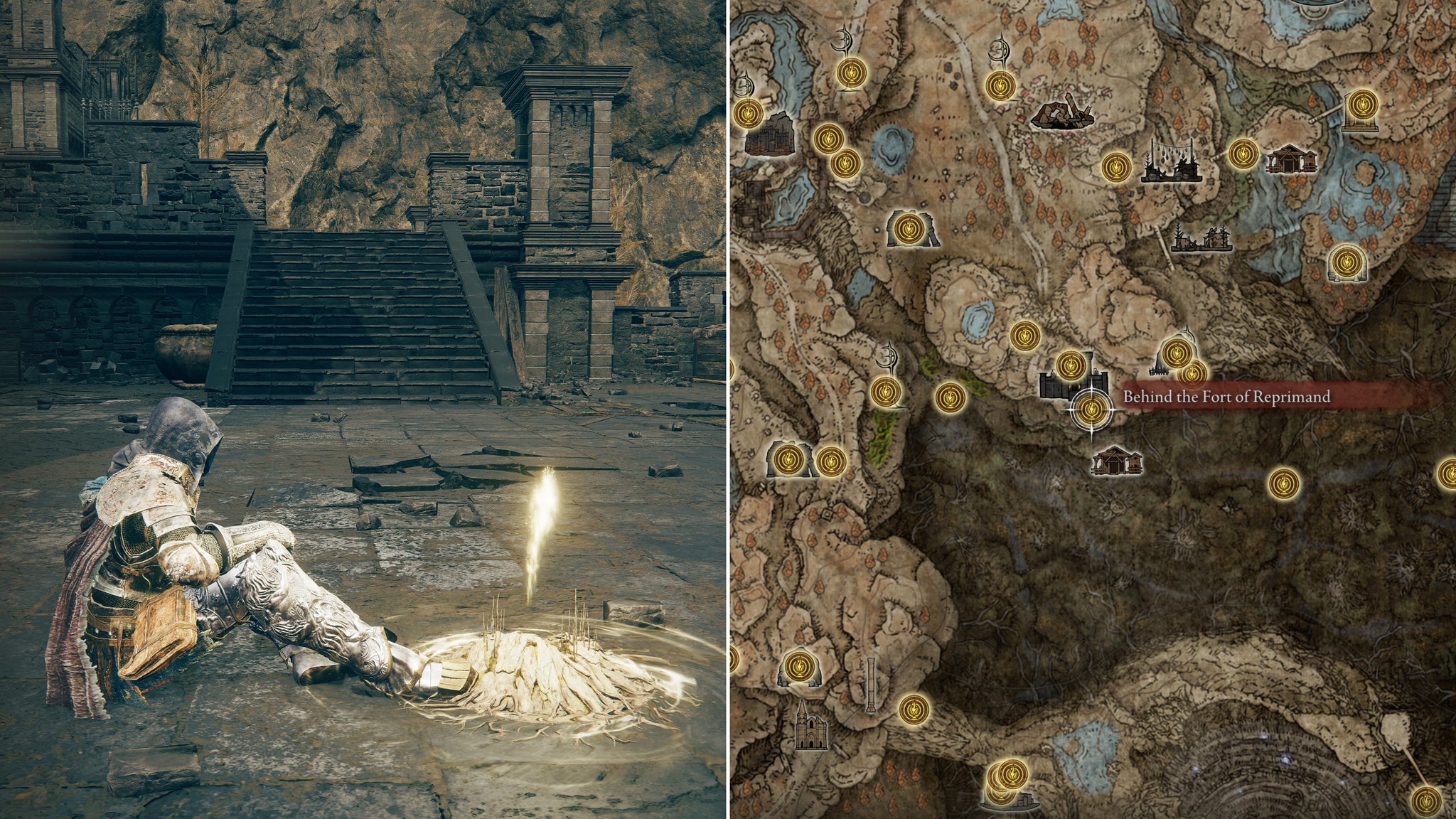 Two screenshots from Elden Ring: Shadow Of The Erdtree. Left: the player sits next to the Behind The Fort Of Reprimand Site Of Grace. Right: the location of that Site Of Grace on the map. - 61