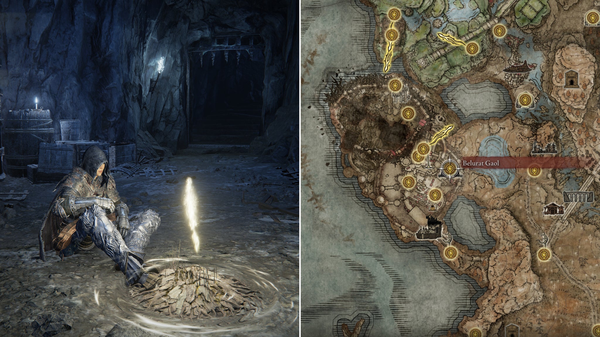 Two screenshots from Elden Ring: Shadow Of The Erdtree. Left: the player sits next to the Belurat Gaol Site Of Grace. Right: the location of that Site Of Grace on the map. - 16