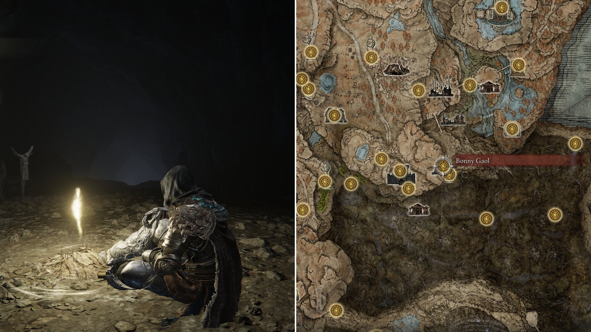 Two screenshots from Elden Ring: Shadow Of The Erdtree. Left: the player sits next to the Bonny Gaol Site Of Grace. Right: the location of that Site Of Grace on the map. - 72