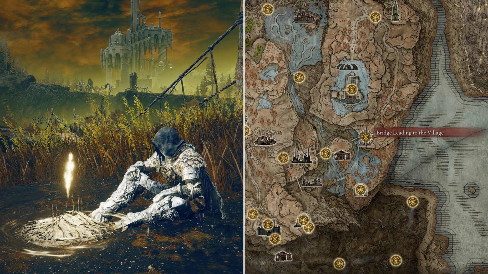 Two screenshots from Elden Ring: Shadow Of The Erdtree. Left: the player sits next to the Bridge Leading To The Village Site Of Grace. Right: the location of that Site Of Grace on the map. - 64
