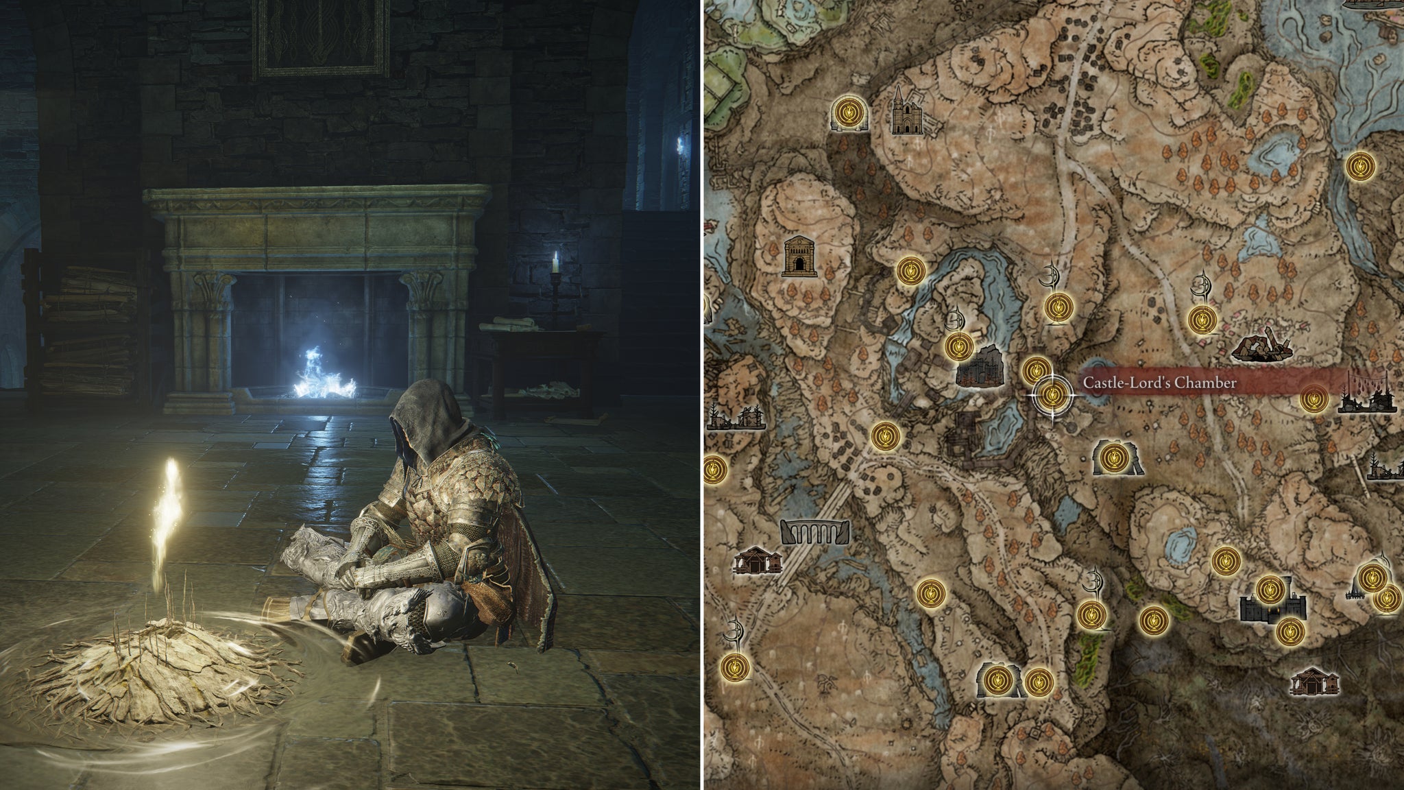 Two screenshots from Elden Ring: Shadow Of The Erdtree. Left: the player sits next to the Castle Lord's Chamber Site Of Grace. Right: the location of that Site Of Grace on the map. - 22