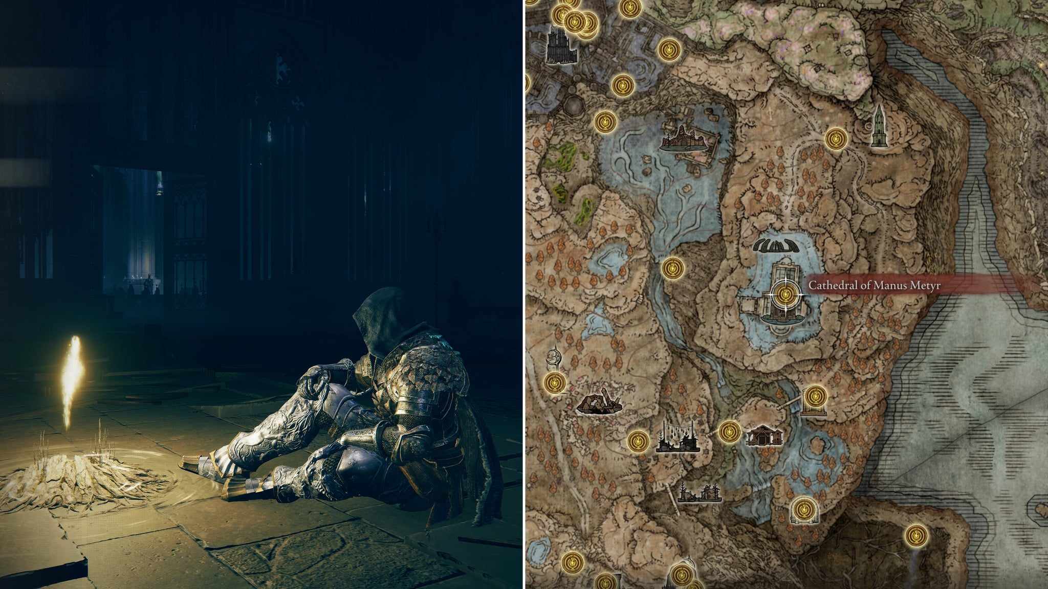 Two screenshots from Elden Ring: Shadow Of The Erdtree. Left: the player sits next to the Cathedral Of Manus Metyr Site Of Grace. Right: the location of that Site Of Grace on the map. - 66