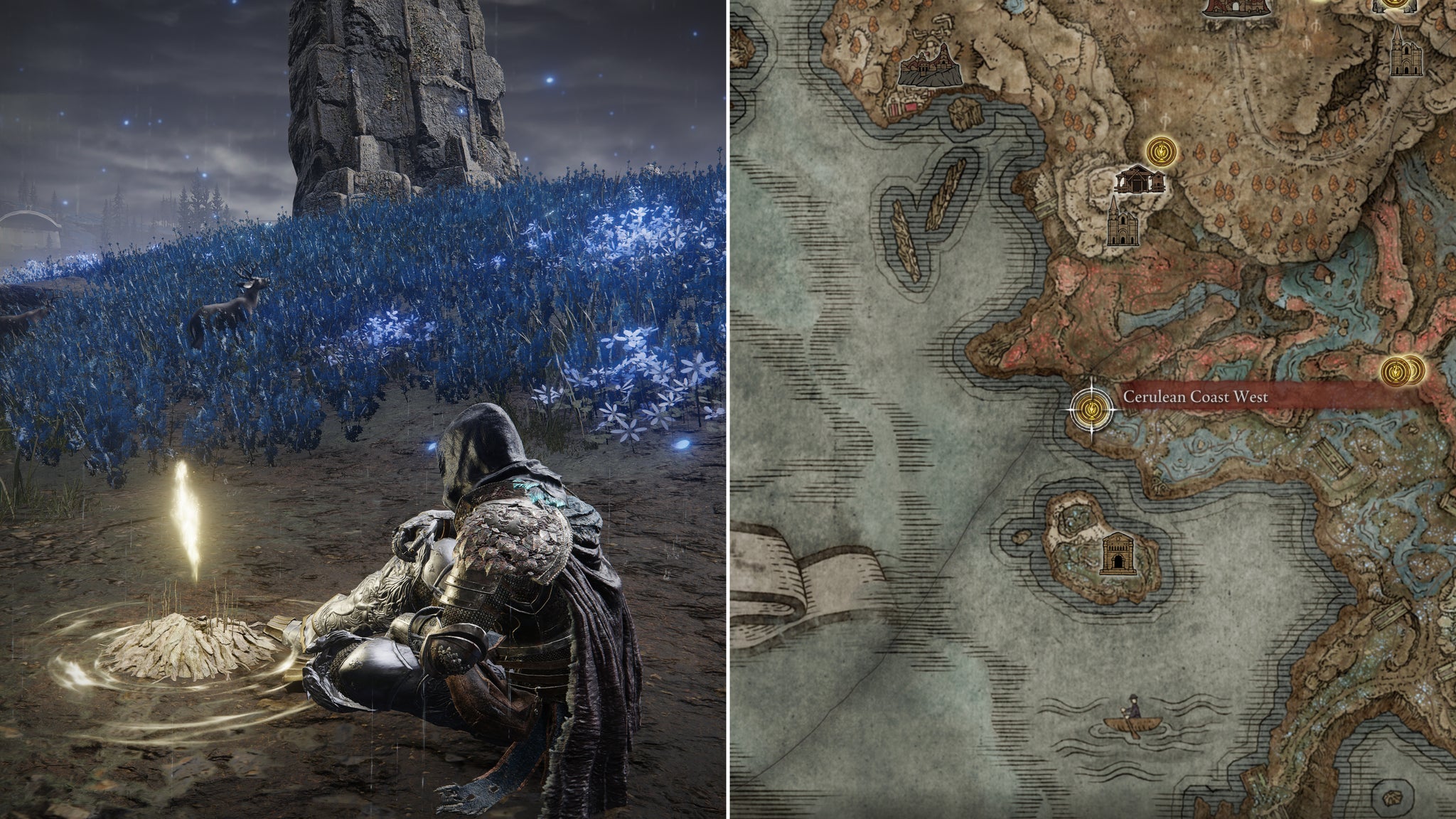 Two screenshots from Elden Ring: Shadow Of The Erdtree. Left: the player sits next to the Cerulean Coast West Site Of Grace. Right: the location of that Site Of Grace on the map. - 25