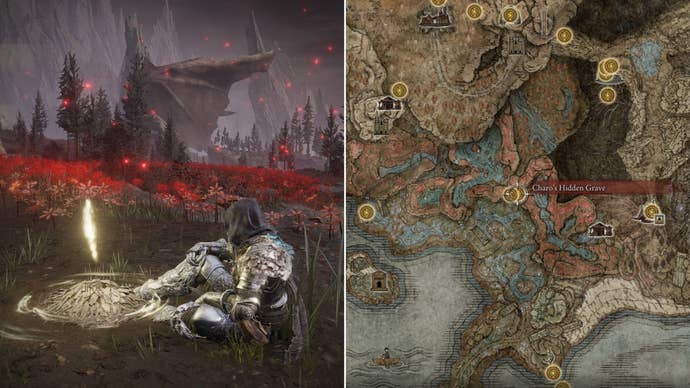 Two screenshots from Elden Ring: Shadow Of The Erdtree. Left: the player sits next to Charo’s Hidden Grave Site Of Grace. Right: the location of that Site Of Grace on the map.