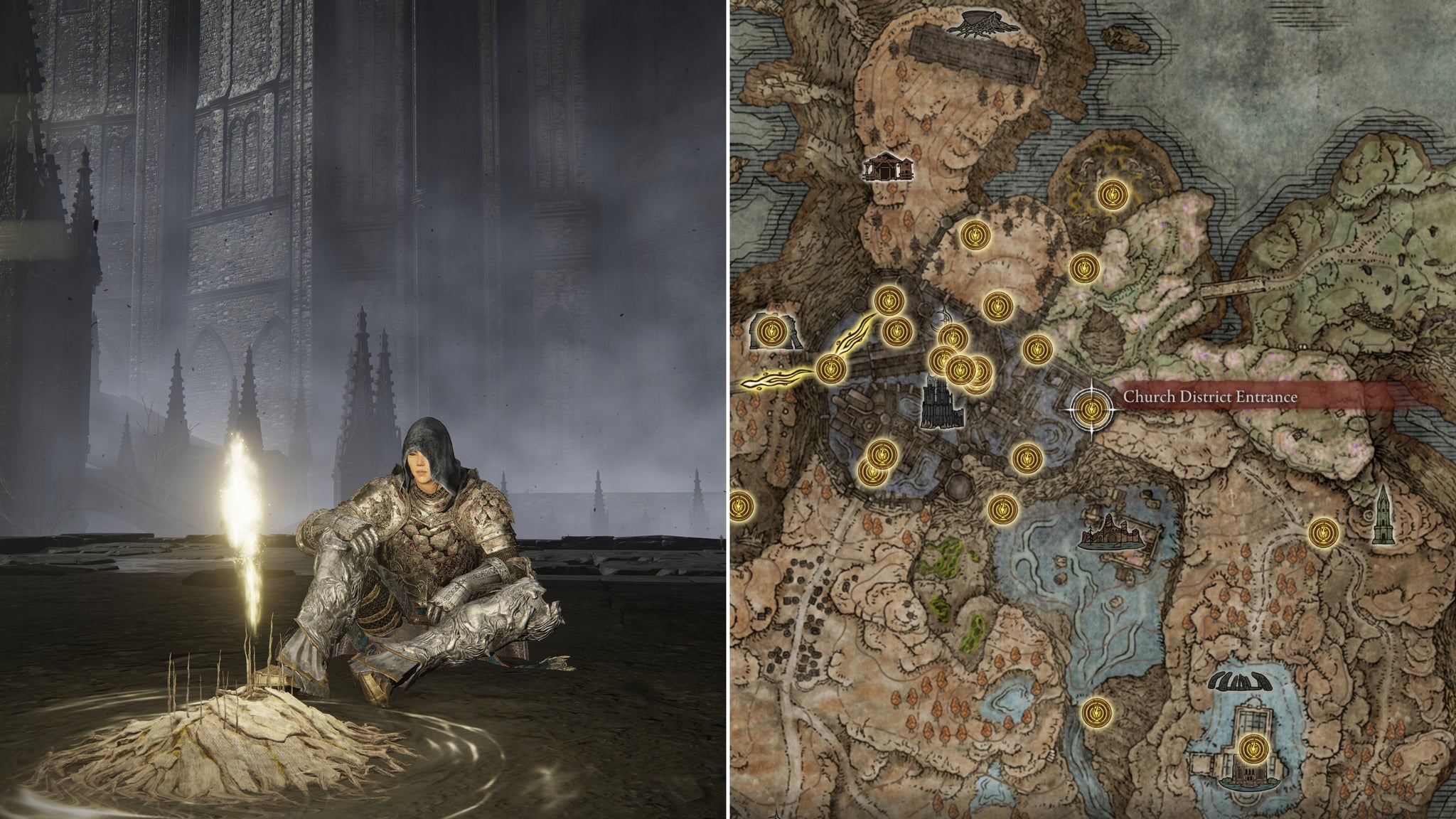Two screenshots from Elden Ring: Shadow Of The Erdtree. Left: the player sits next to Church District Entrance Site Of Grace. Right: the location of that Site Of Grace on the map. - 85