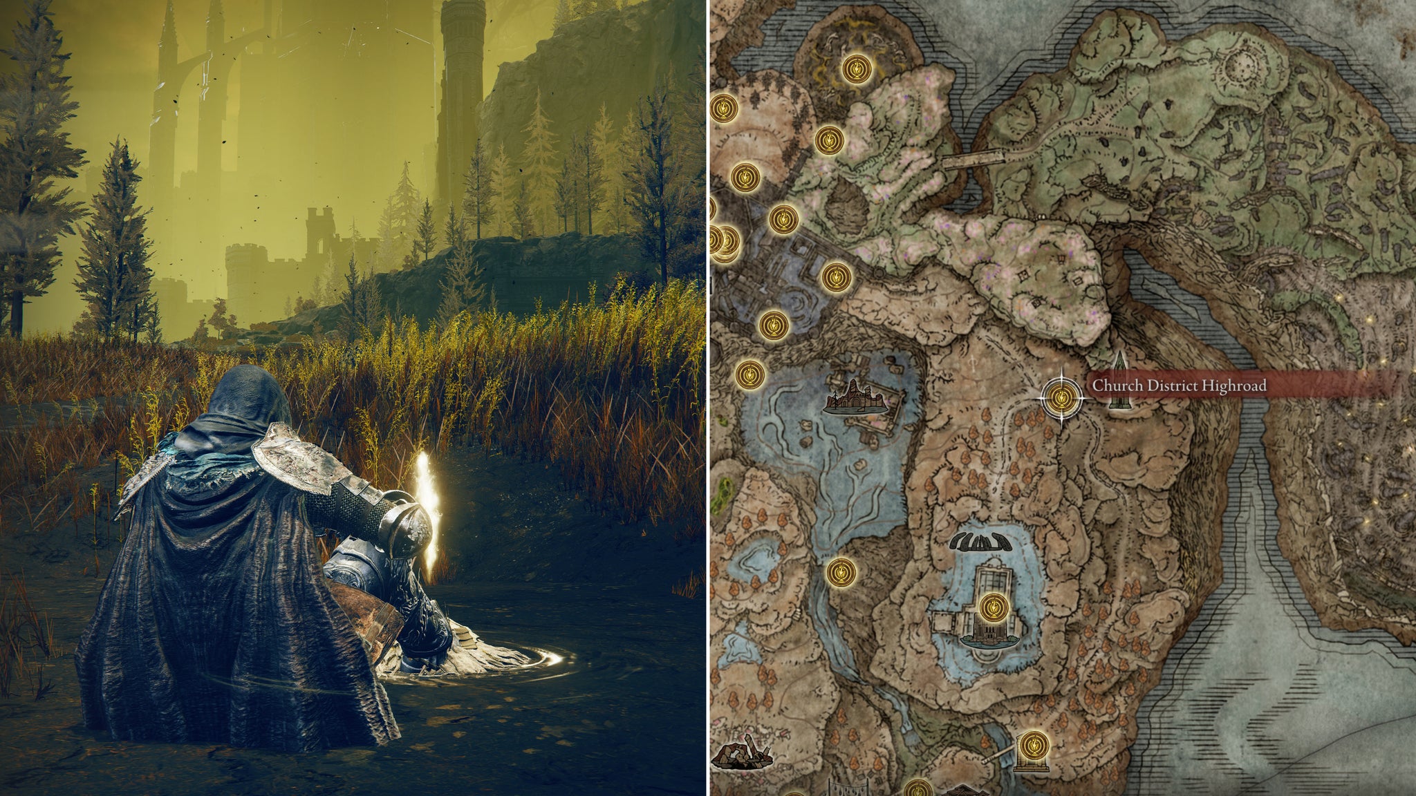 Two screenshots from Elden Ring: Shadow Of The Erdtree. Left: the player sits next to the Church District Highroad Site Of Grace. Right: the location of that Site Of Grace on the map. - 65