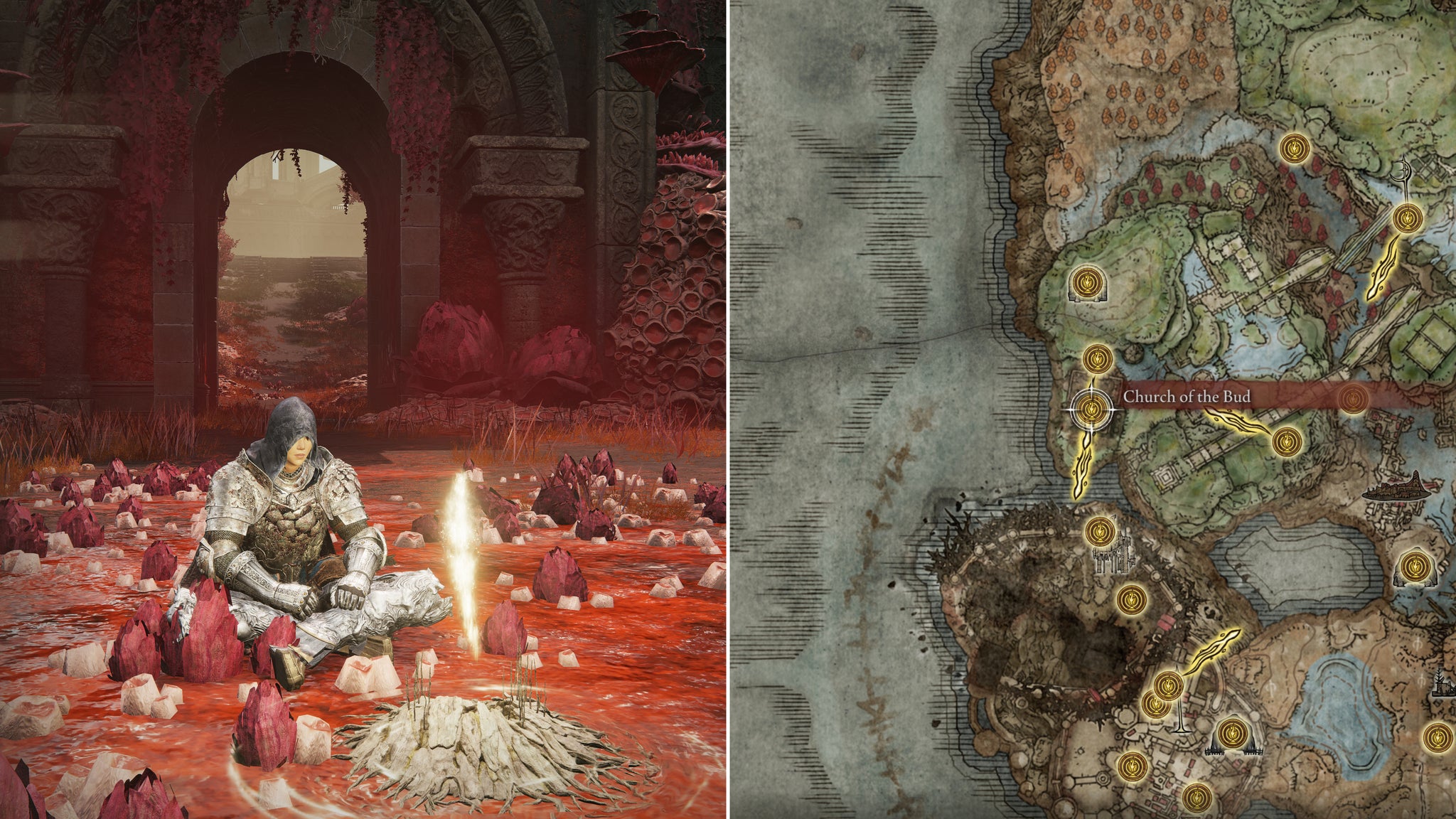Two screenshots from Elden Ring: Shadow Of The Erdtree. Left: the player sits next to the Church Of The Bud Site Of Grace. Right: the location of that Site Of Grace on the map. - 50