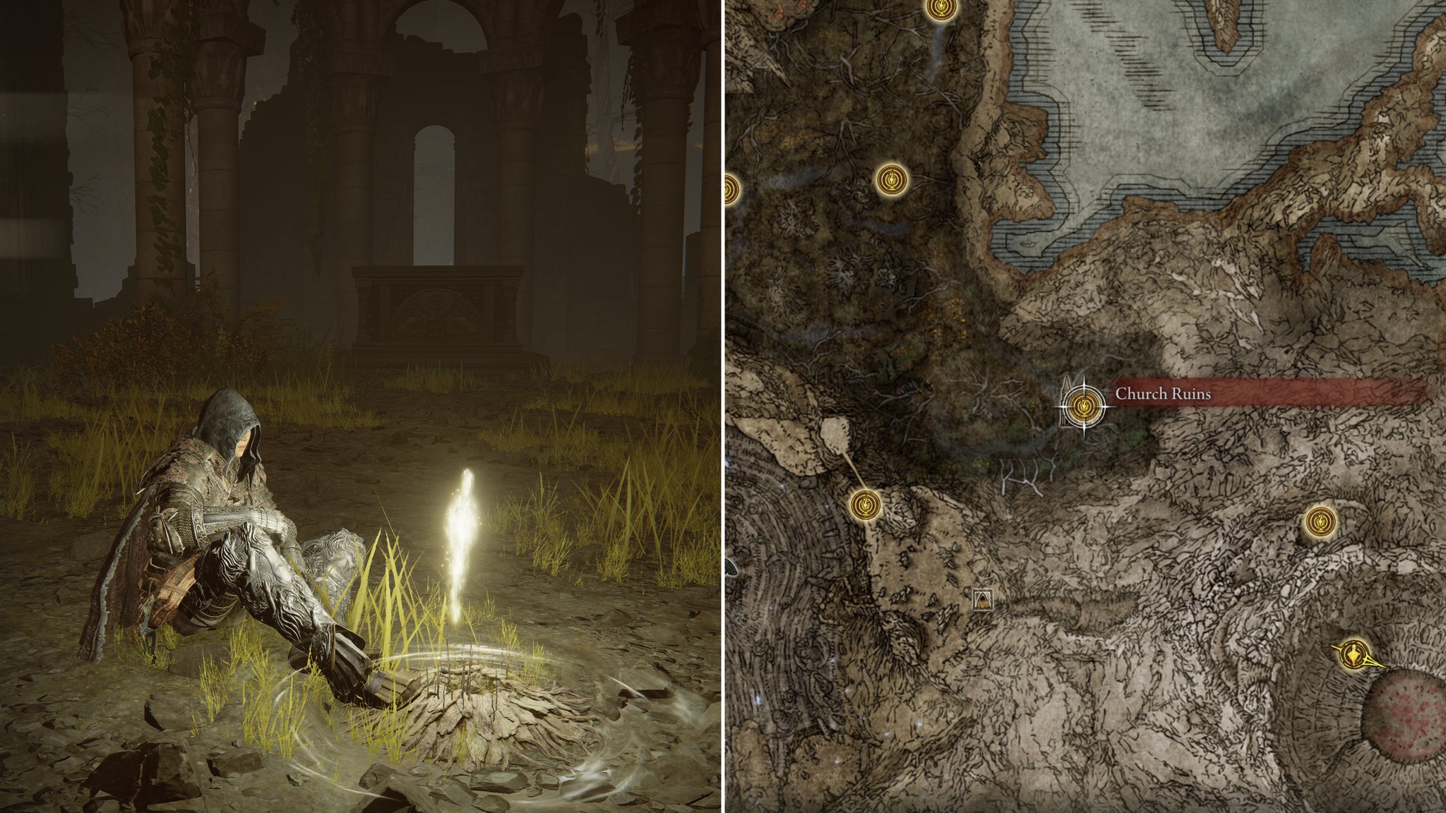 Two screenshots from Elden Ring: Shadow Of The Erdtree. Left: the player sits next to the Church Ruins Site Of Grace. Right: the location of that Site Of Grace on the map. - 76