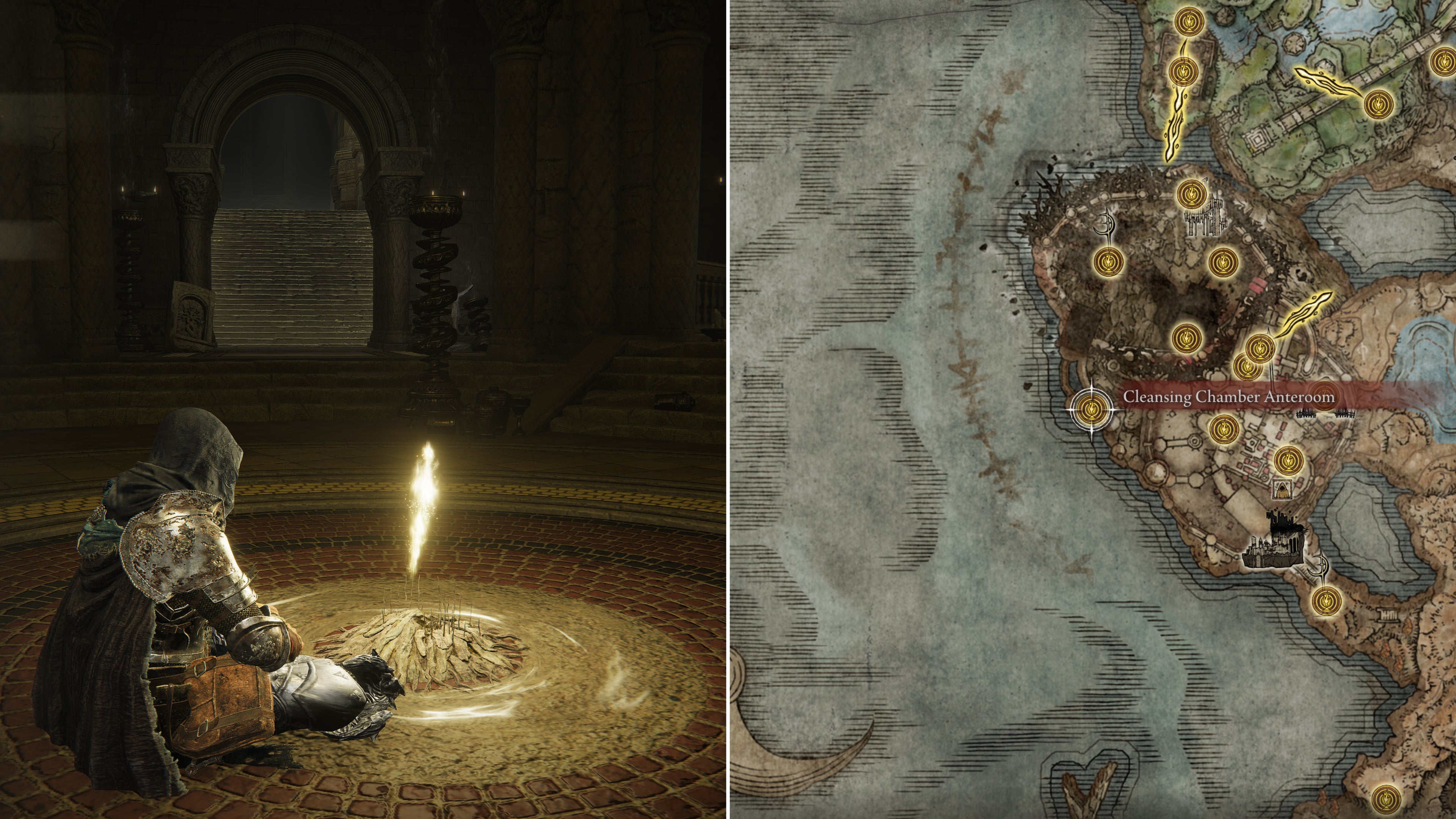 Two screenshots from Elden Ring: Shadow Of The Erdtree. Left: the player sits next to the Cleansing Chamber Anteroom Site Of Grace. Right: the location of that Site Of Grace on the map.