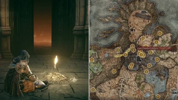 Two screenshots from Elden Ring: Shadow Of The Erdtree. Left: the player sits next to the Dark Chamber Entrance Site Of Grace. Right: the location of that Site Of Grace on the map.