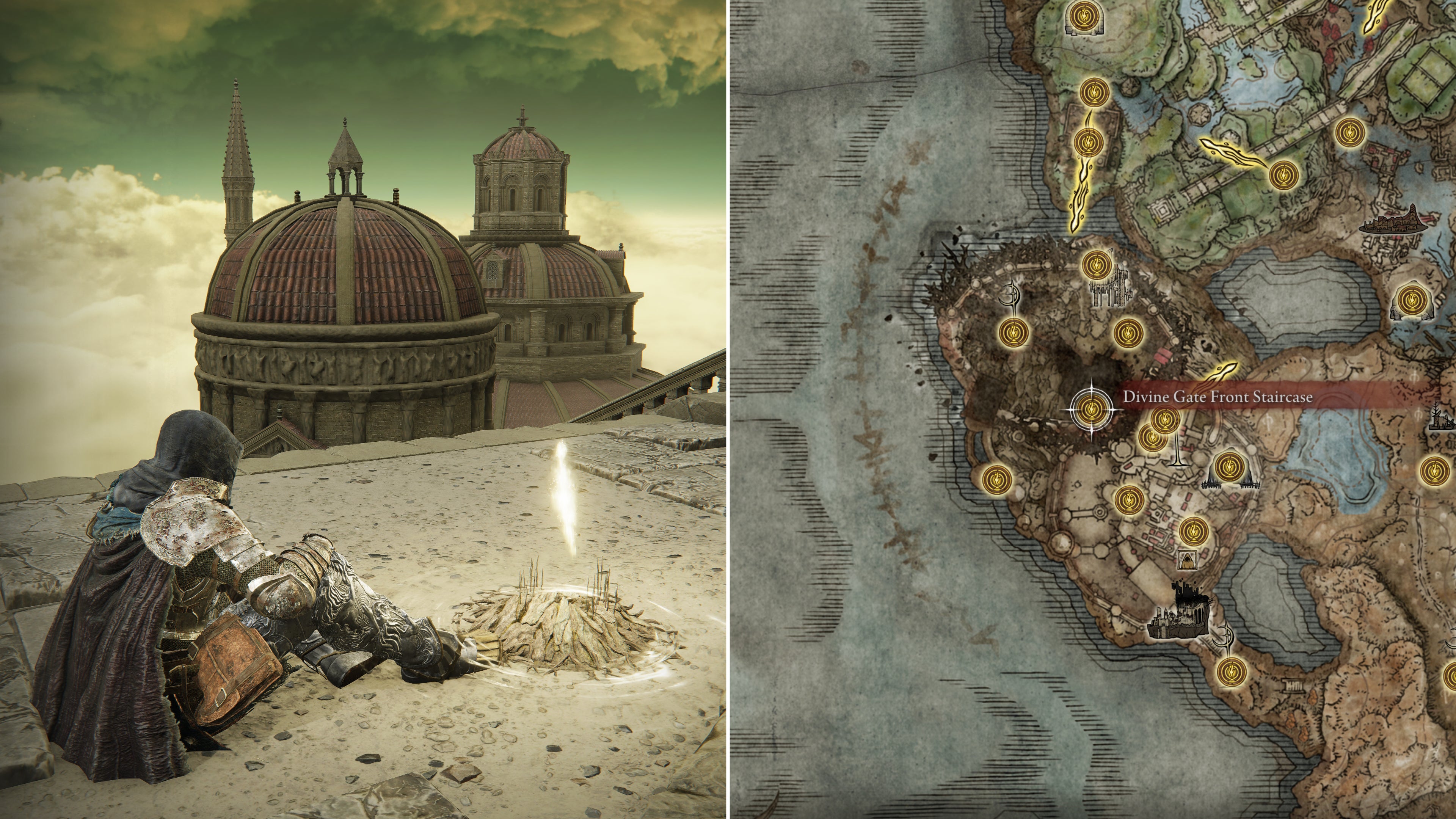 Two screenshots from Elden Ring: Shadow Of The Erdtree. Left: the player sits next to the Divine Gate Front Staircase Site Of Grace. Right: the location of that Site Of Grace on the map.