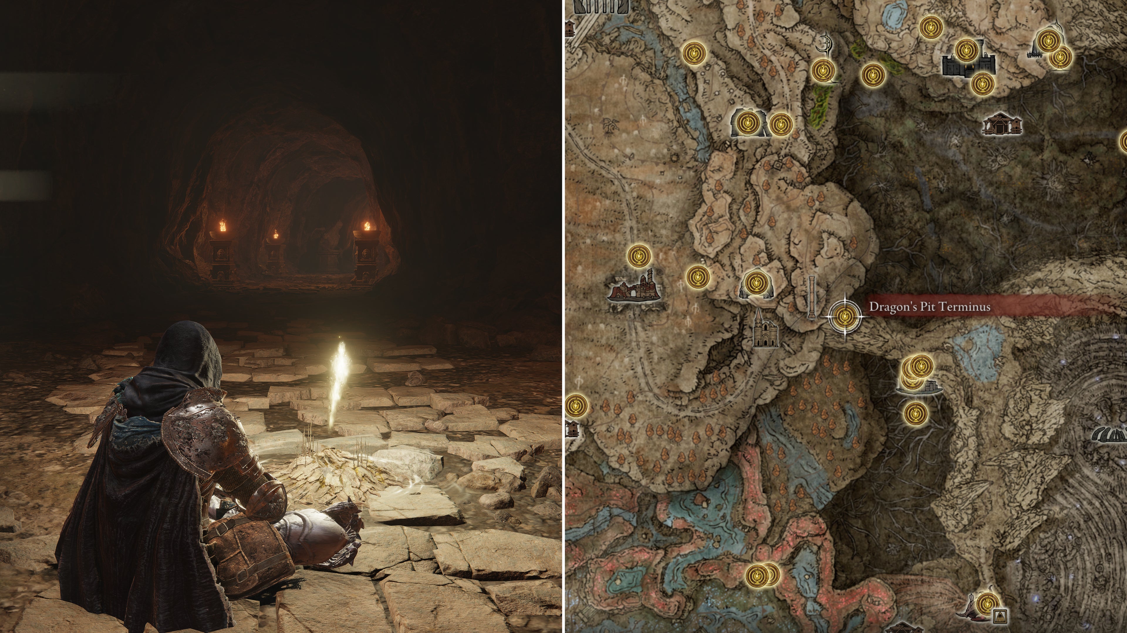 Two screenshots from Elden Ring: Shadow Of The Erdtree. Left: the player sits next to the Dragon&rsquo;s Pit Terminus Site Of Grace. Right: the location of that Site Of Grace on the map.