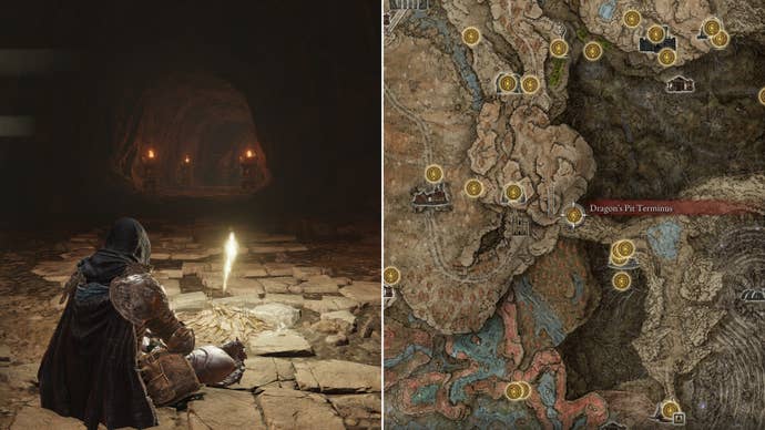Two screenshots from Elden Ring: Shadow Of The Erdtree. Left: the player sits next to the Dragon’s Pit Terminus Site Of Grace. Right: the location of that Site Of Grace on the map.