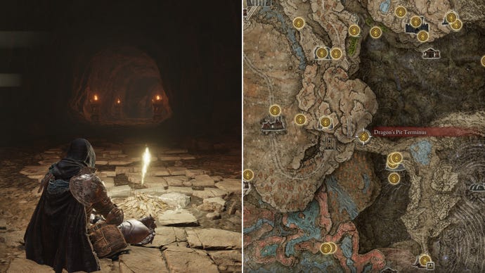 Two screenshots from Elden Ring: Shadow Of The Erdtree. Left: the player sits next to the Dragon’s Pit Terminus Site Of Grace. Right: the location of that Site Of Grace on the map.
