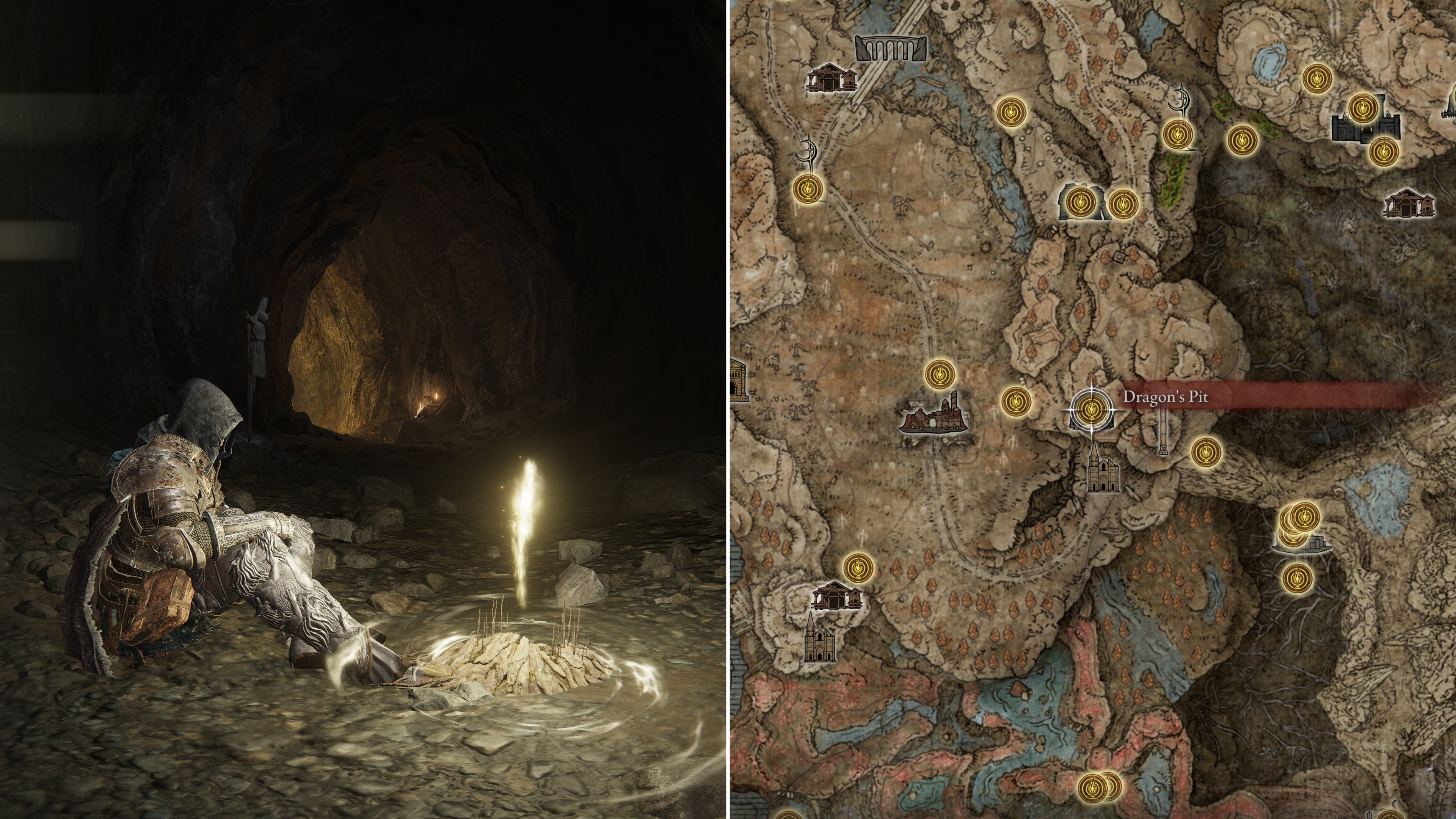 Two screenshots from Elden Ring: Shadow Of The Erdtree. Left: the player sits next to the Dragon&rsquo;s Pit Site Of Grace. Right: the location of that Site Of Grace on the map.