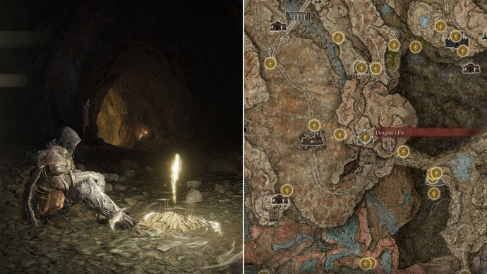 Two screenshots from Elden Ring: Shadow Of The Erdtree. Left: the player sits next to the Dragon’s Pit Site Of Grace. Right: the location of that Site Of Grace on the map.
