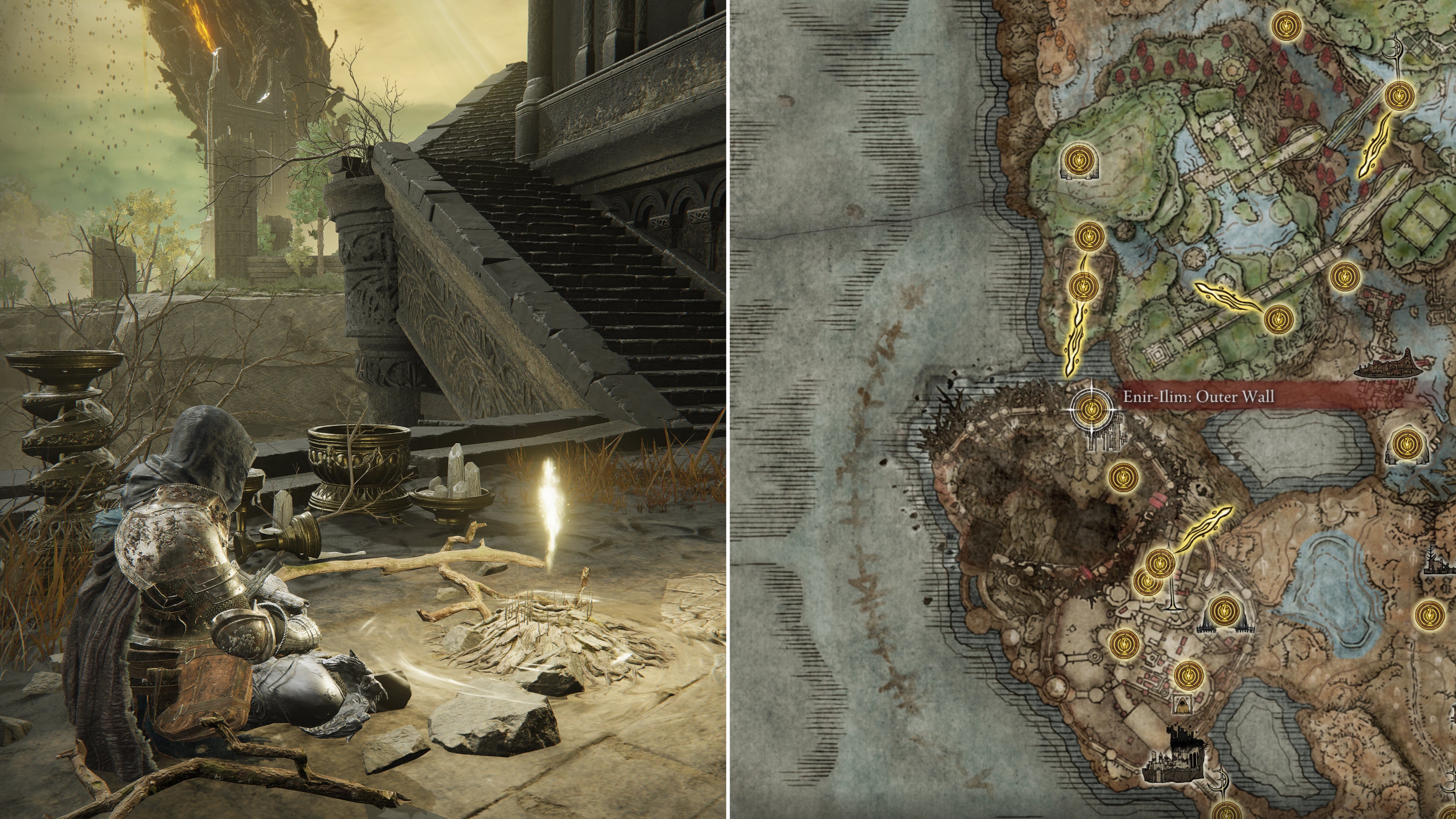 Two screenshots from Elden Ring: Shadow Of The Erdtree. Left: the player sits next to Enir-Ilim Outer Wall Site Of Grace. Right: the location of that Site Of Grace on the map.