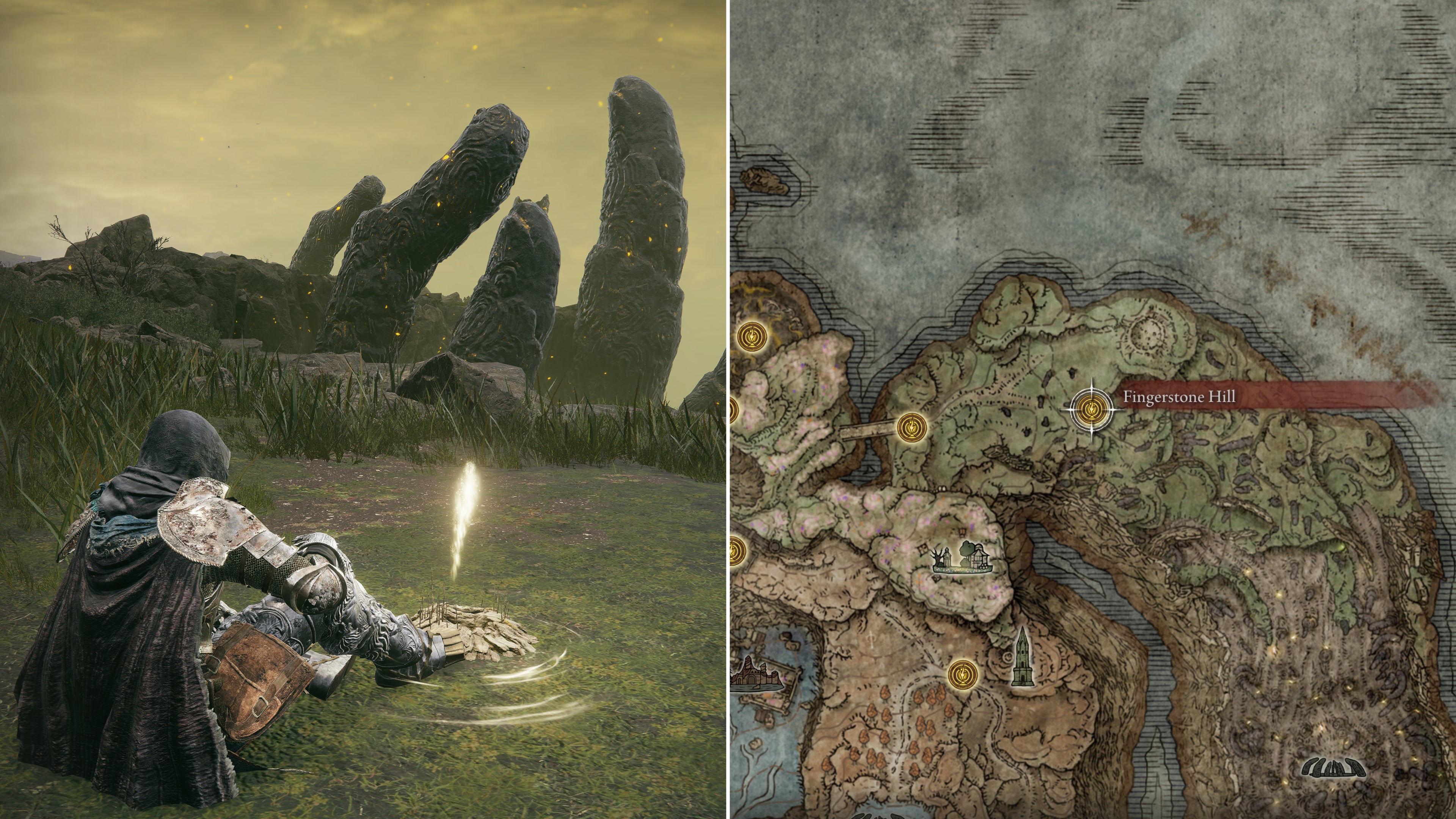 Two screenshots from Elden Ring: Shadow Of The Erdtree. Left: the player sits next to the Fingerstone Hill Site Of Grace. Right: the location of that Site Of Grace on the map.