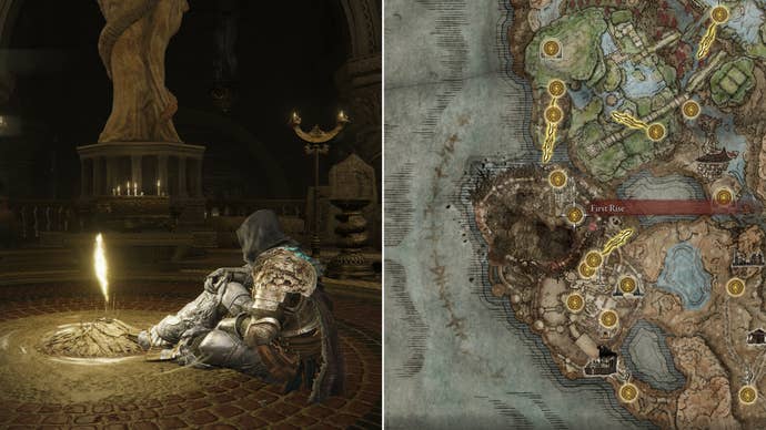 Two screenshots from Elden Ring: Shadow Of The Erdtree. Left: the player sits next to the First Rise Site Of Grace. Right: the location of that Site Of Grace on the map.