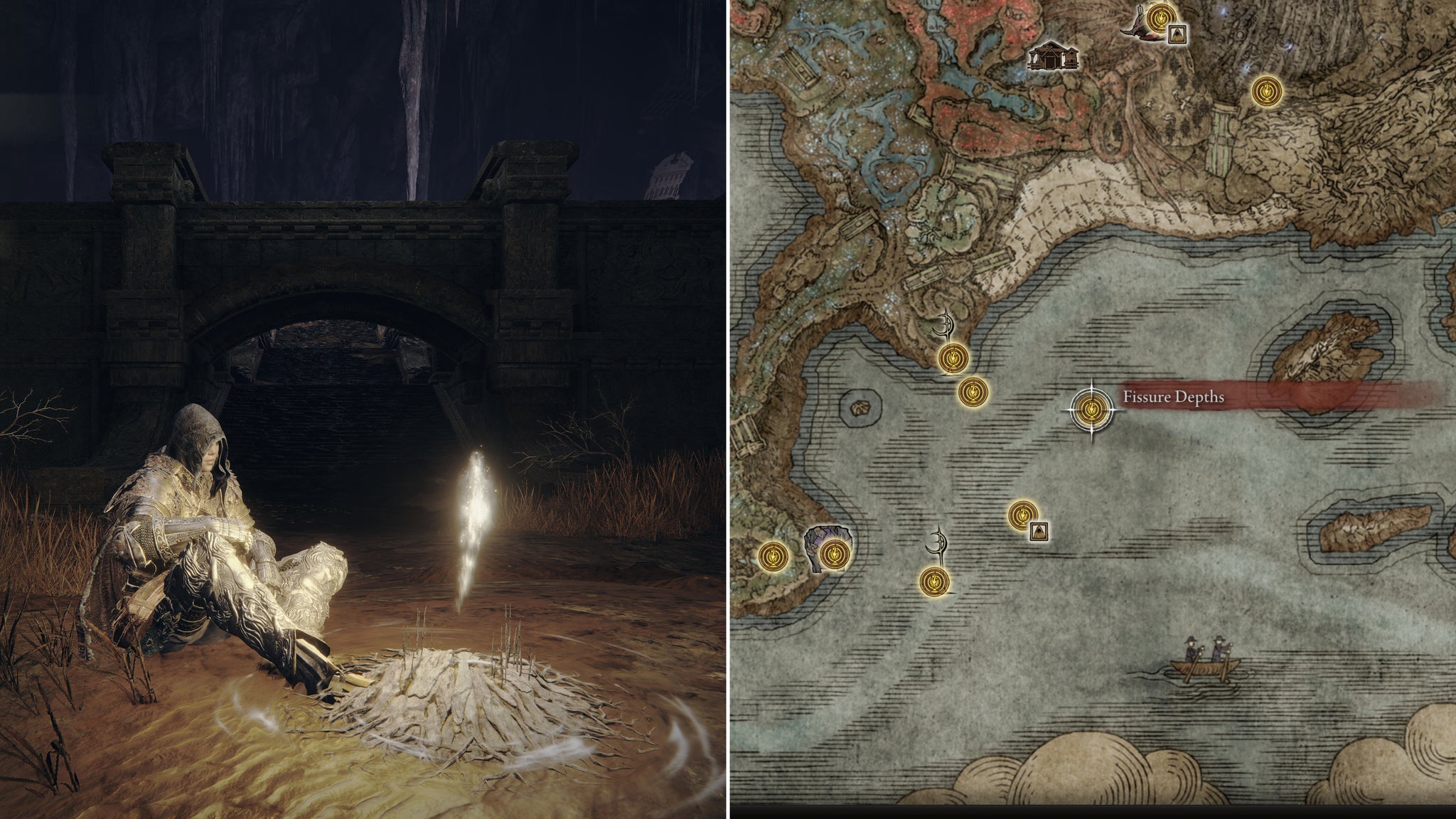 Two screenshots from Elden Ring: Shadow Of The Erdtree. Left: the player sits next to the Fissure Depths Site Of Grace. Right: the location of that Site Of Grace on the map. - 34