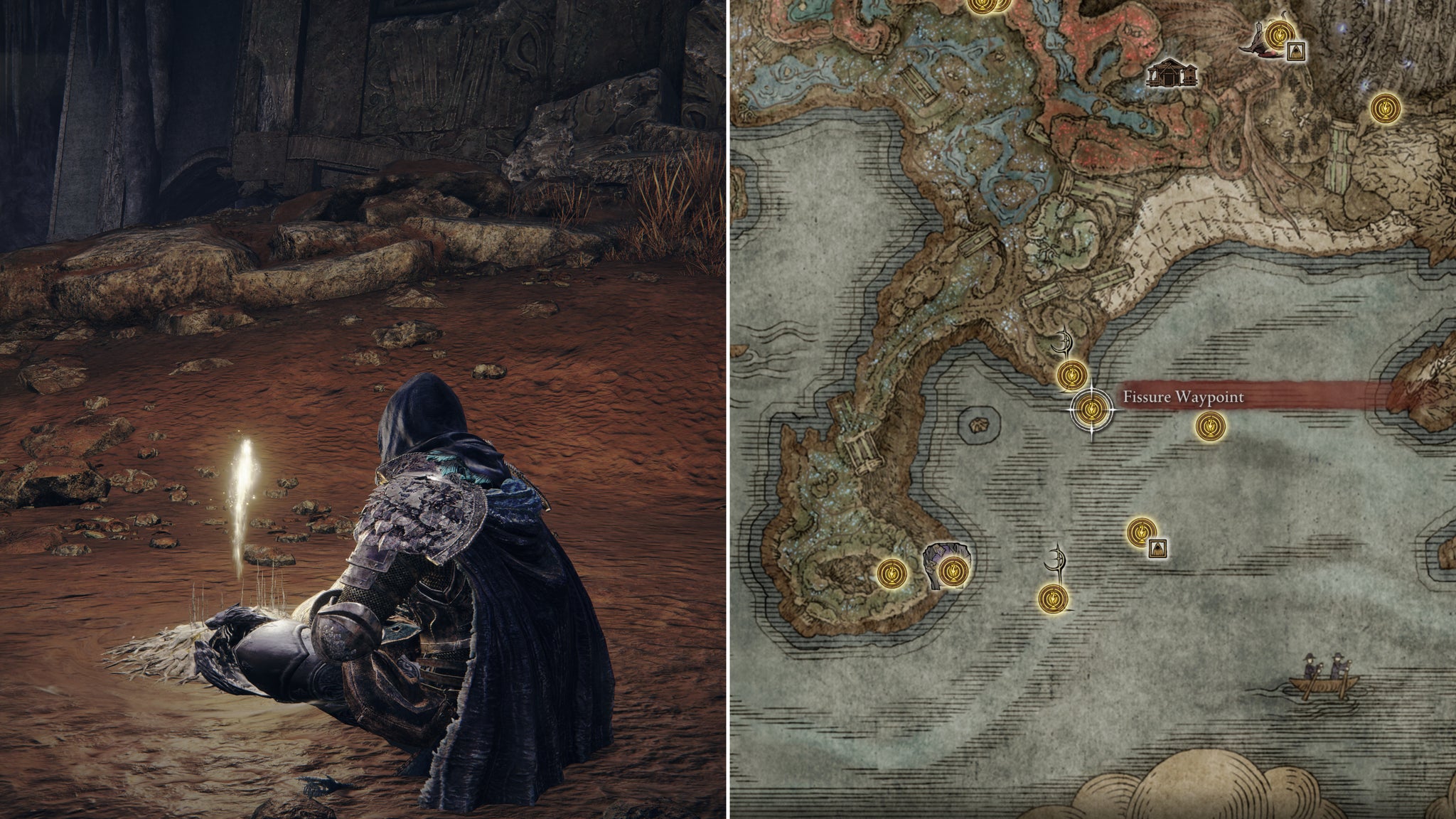 Two screenshots from Elden Ring: Shadow Of The Erdtree. Left: the player sits next to the Fissure Waypoint Site Of Grace. Right: the location of that Site Of Grace on the map. - 33