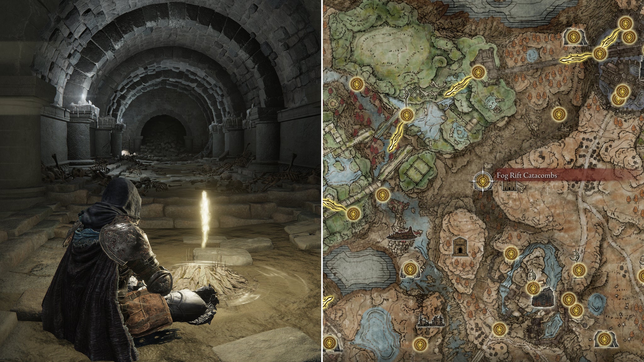 Two screenshots from Elden Ring: Shadow Of The Erdtree. Left: the player sits next to the Fog Rift Catacombs Site Of Grace. Right: the location of that Site Of Grace on the map. - 15