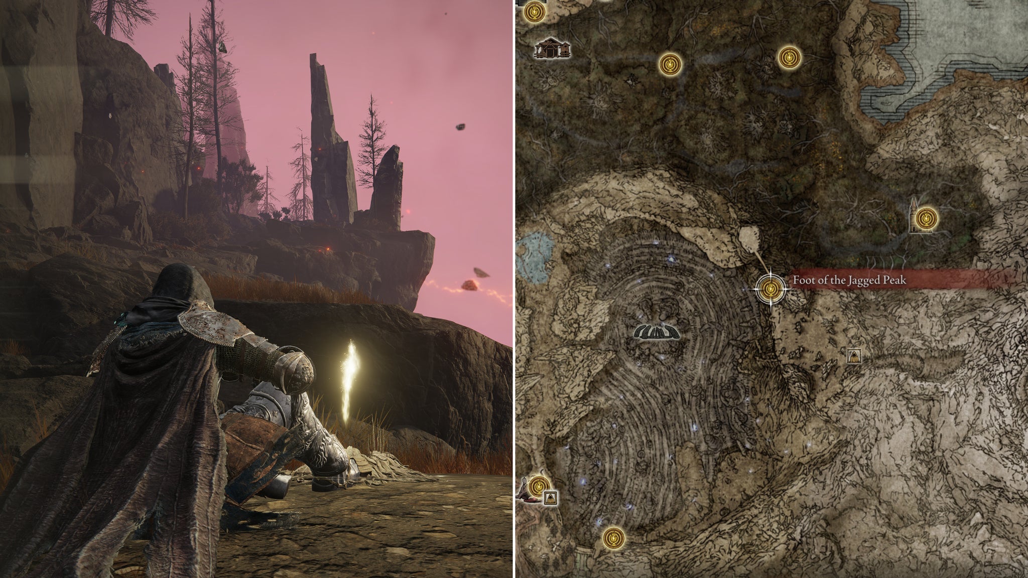 Two screenshots from Elden Ring: Shadow Of The Erdtree. Left: the player sits next to the Foot Of The Jagged Peak Site Of Grace. Right: the location of that Site Of Grace on the map. - 37