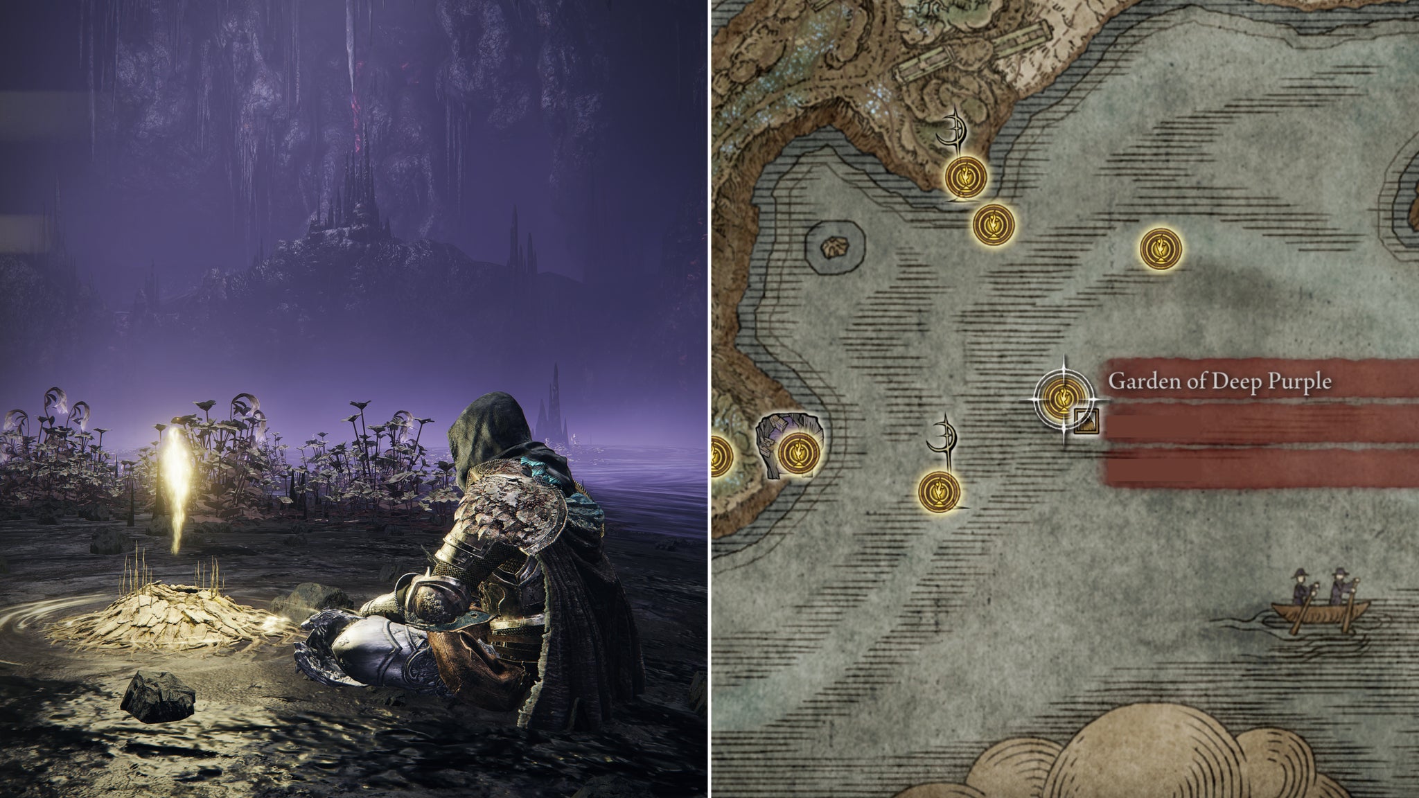 Two screenshots from Elden Ring: Shadow Of The Erdtree. Left: the player sits next to the Garden Of Deep Purple Site Of Grace. Right: the location of that Site Of Grace on the map. - 35