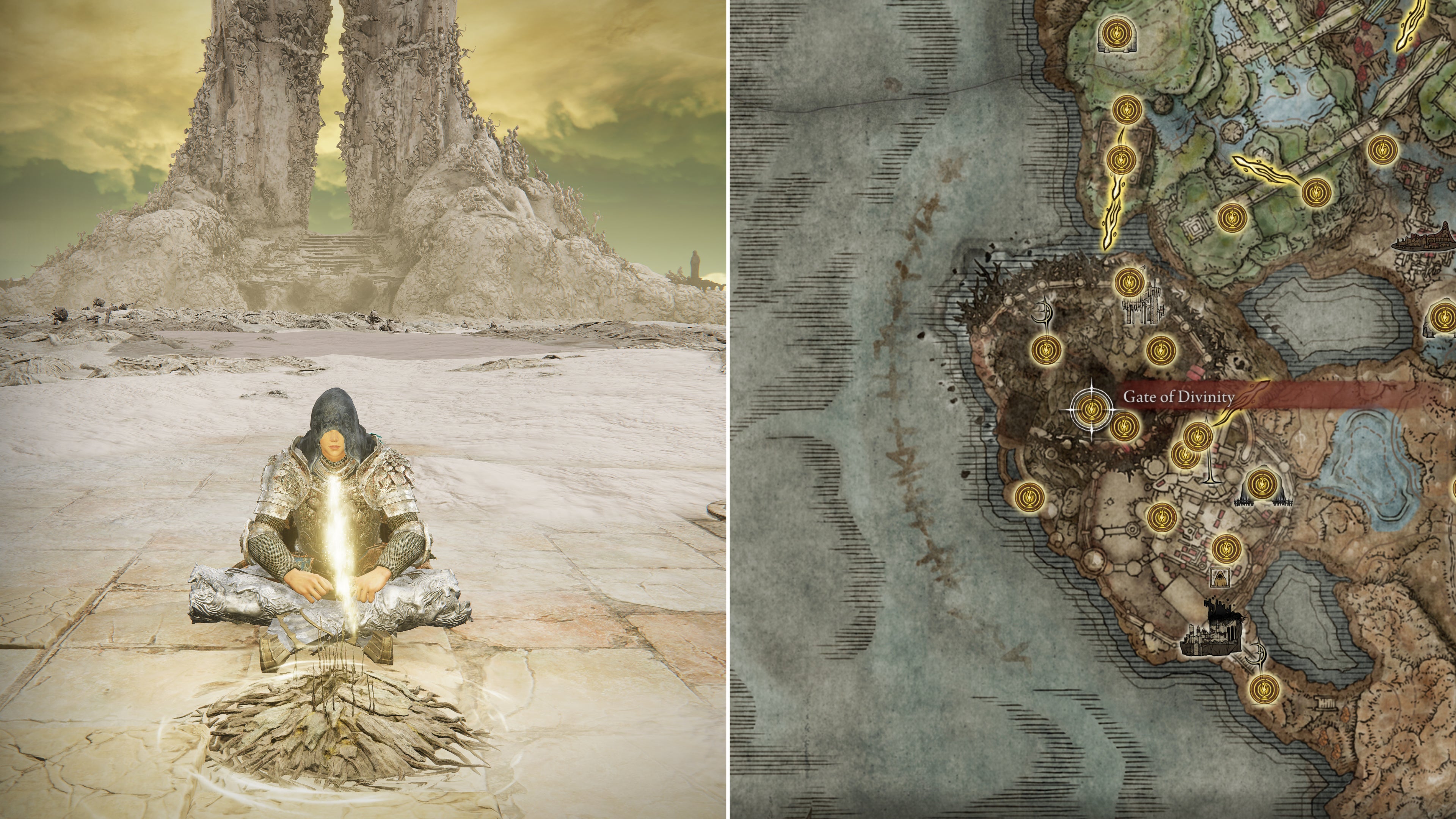 Two screenshots from Elden Ring: Shadow Of The Erdtree. Left: the player sits next to the Gate Of Divinity Site Of Grace. Right: the location of that Site Of Grace on the map.