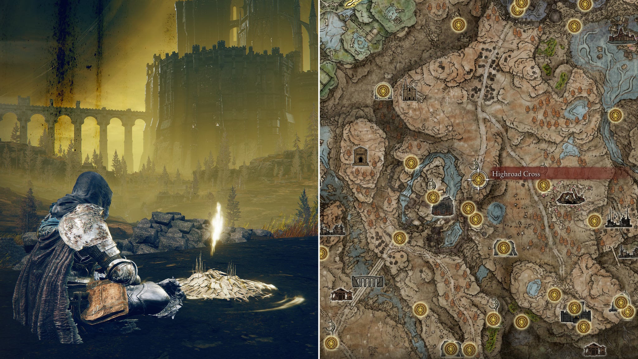 Two screenshots from Elden Ring: Shadow Of The Erdtree. Left: the player sits next to Highroad Cross Site Of Grace. Right: the location of that Site Of Grace on the map. - 56