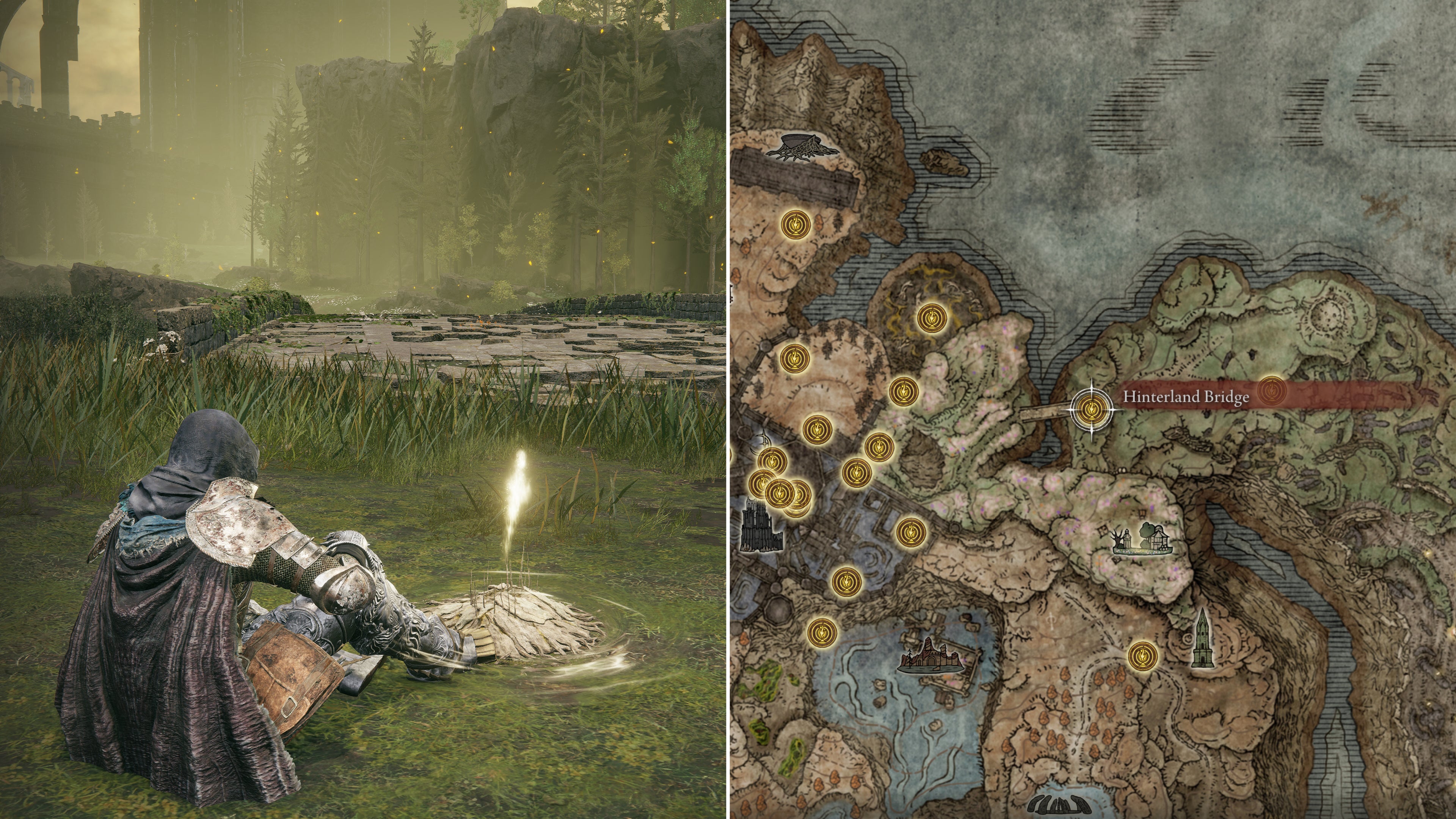 Two screenshots from Elden Ring: Shadow Of The Erdtree. Left: the player sits next to the Hinterland Bridge Site Of Grace. Right: the location of that Site Of Grace on the map.