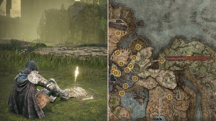 Two screenshots from Elden Ring: Shadow Of The Erdtree. Left: the player sits next to the Hinterland Bridge Site Of Grace. Right: the location of that Site Of Grace on the map.