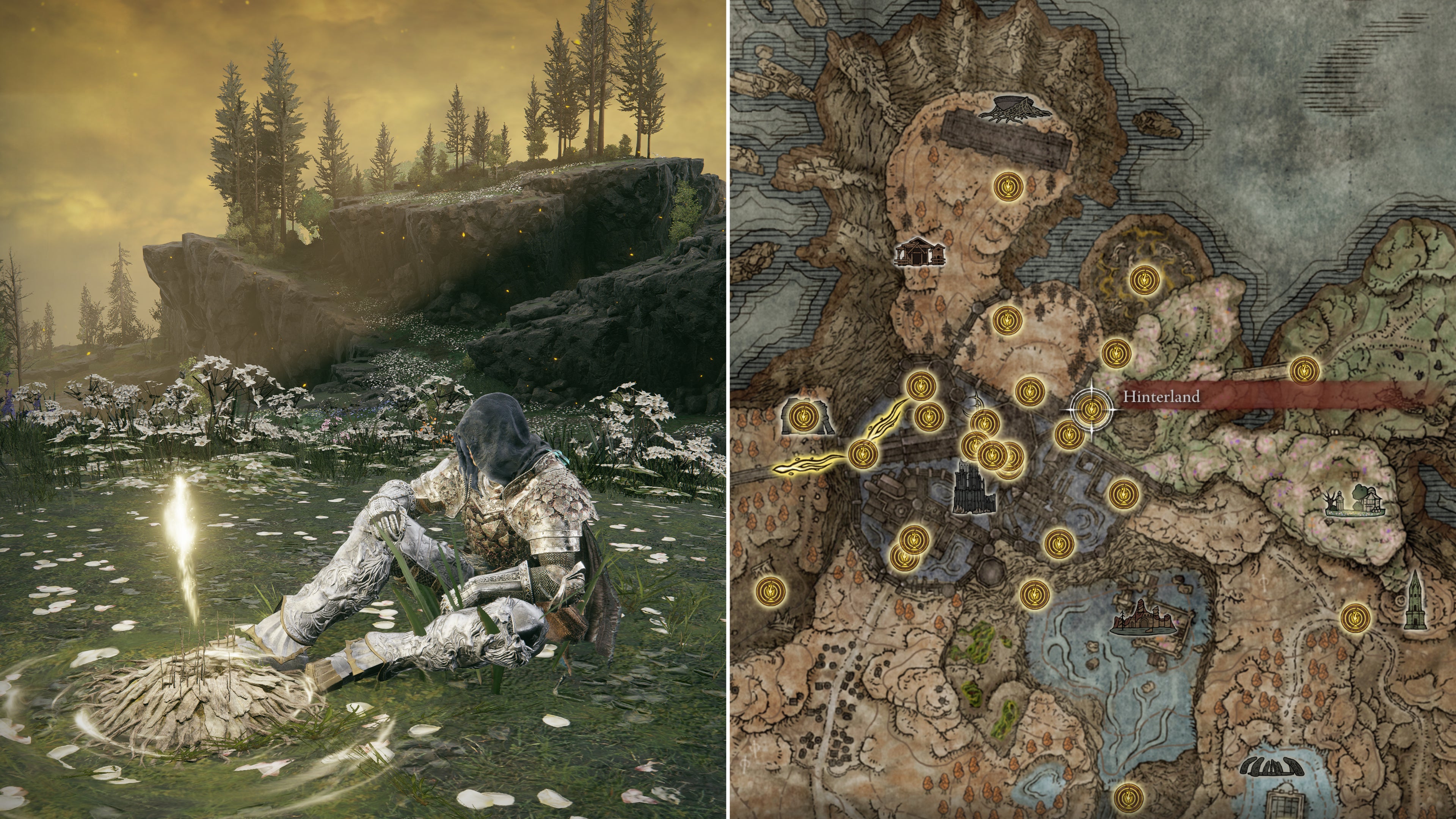 Two screenshots from Elden Ring: Shadow Of The Erdtree. Left: the player sits next to the Hinterland Site Of Grace. Right: the location of that Site Of Grace on the map.