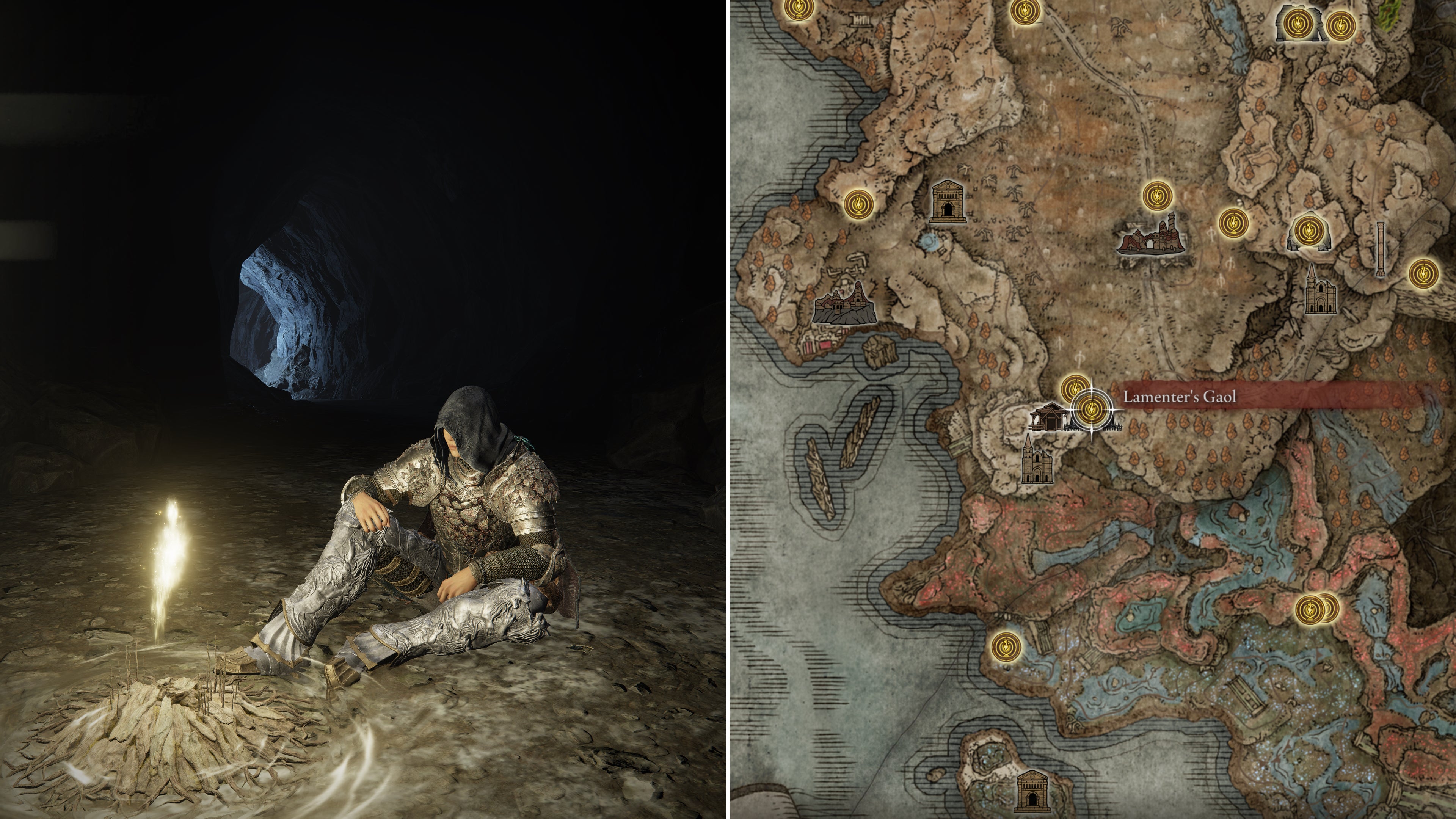 Two screenshots from Elden Ring: Shadow Of The Erdtree. Left: the player sits next to the Lamenter&rsquo;s Gaol Site Of Grace. Right: the location of that Site Of Grace on the map.