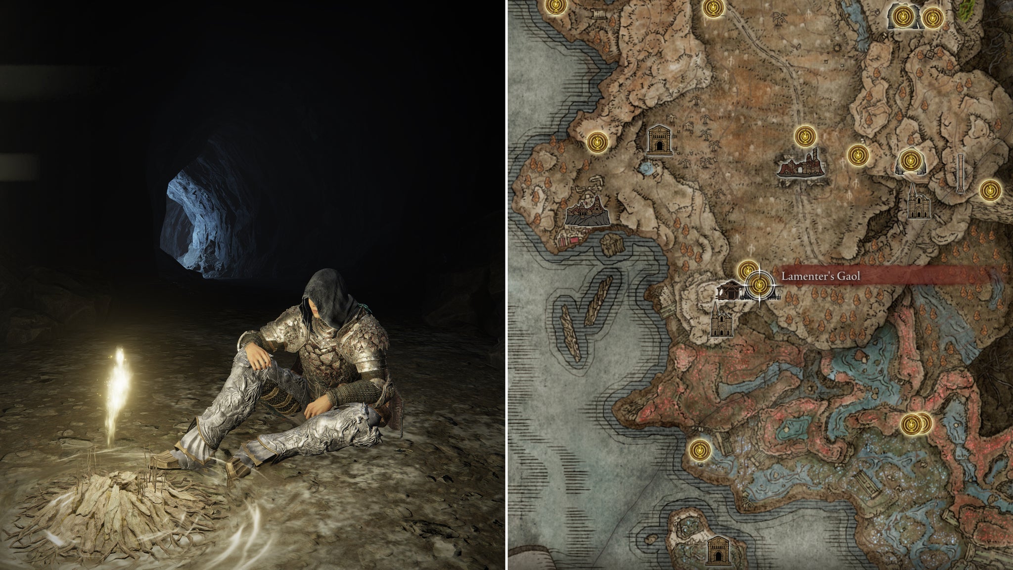 Two screenshots from Elden Ring: Shadow Of The Erdtree. Left: the player sits next to the Lamenter's Gaol Site Of Grace. Right: the location of that Site Of Grace on the map. - 30