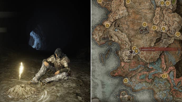 Two screenshots from Elden Ring: Shadow Of The Erdtree. Left: the player sits next to the Lamenter’s Gaol Site Of Grace. Right: the location of that Site Of Grace on the map.