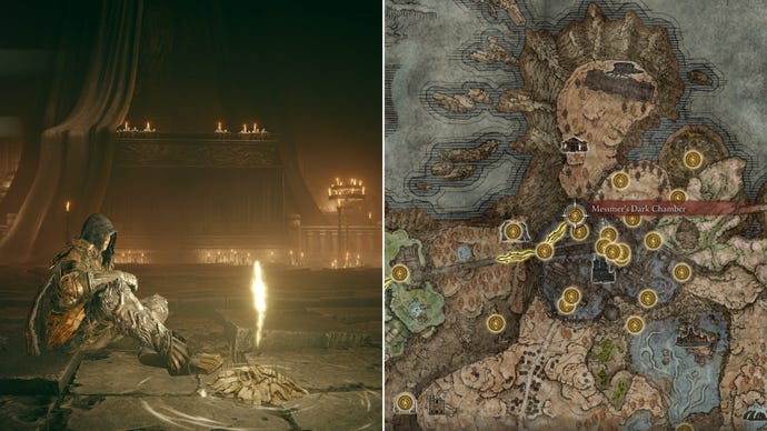Two screenshots from Elden Ring: Shadow Of The Erdtree. Left: the player sits next to the Messmer’s Dark Chamber Site Of Grace. Right: the location of that Site Of Grace on the map.