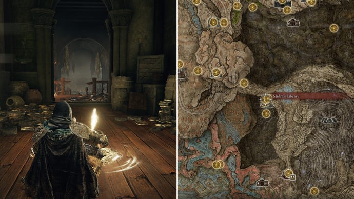 Two screenshots from Elden Ring: Shadow Of The Erdtree. Left: the player sits next to the Midra’s Library Site Of Grace. Right: the location of that Site Of Grace on the map.