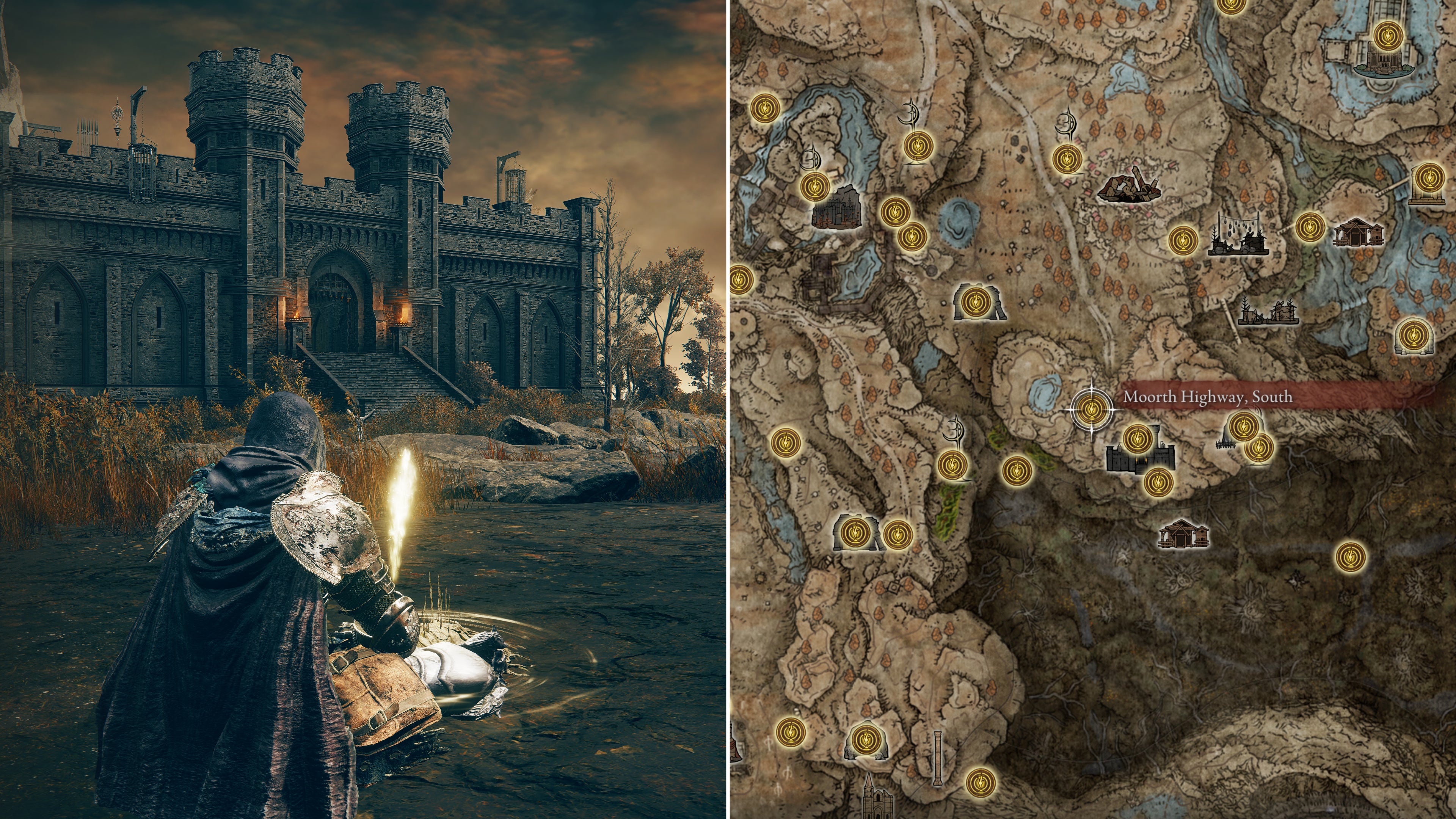 Two screenshots from Elden Ring: Shadow Of The Erdtree. Left: the player sits next to the Moorth Highway South Site Of Grace. Right: the location of that Site Of Grace on the map.