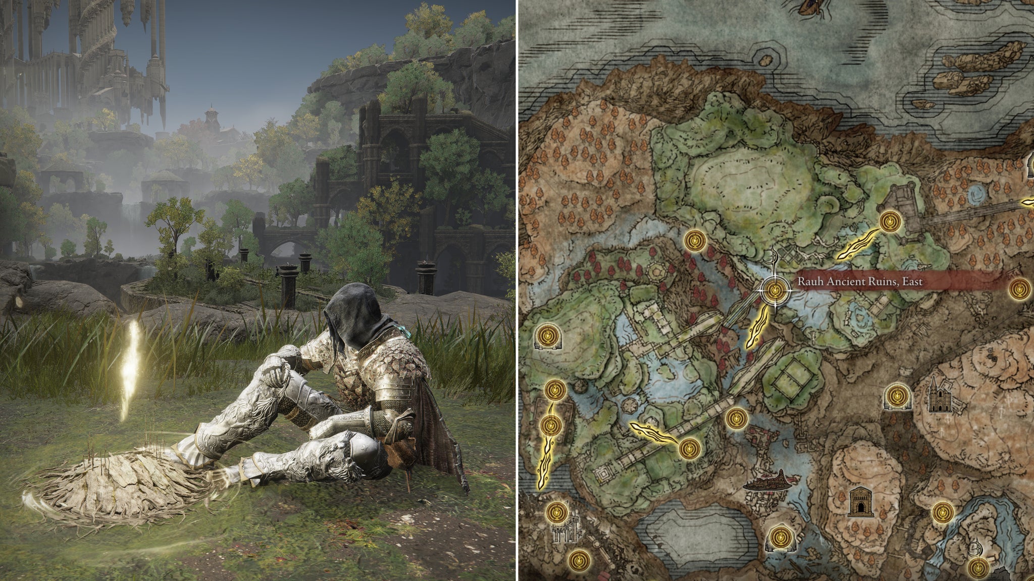 Two screenshots from Elden Ring: Shadow Of The Erdtree. Left: the player sits next to Rauh Ancient Ruins East Site Of Grace. Right: the location of that Site Of Grace on the map. - 46