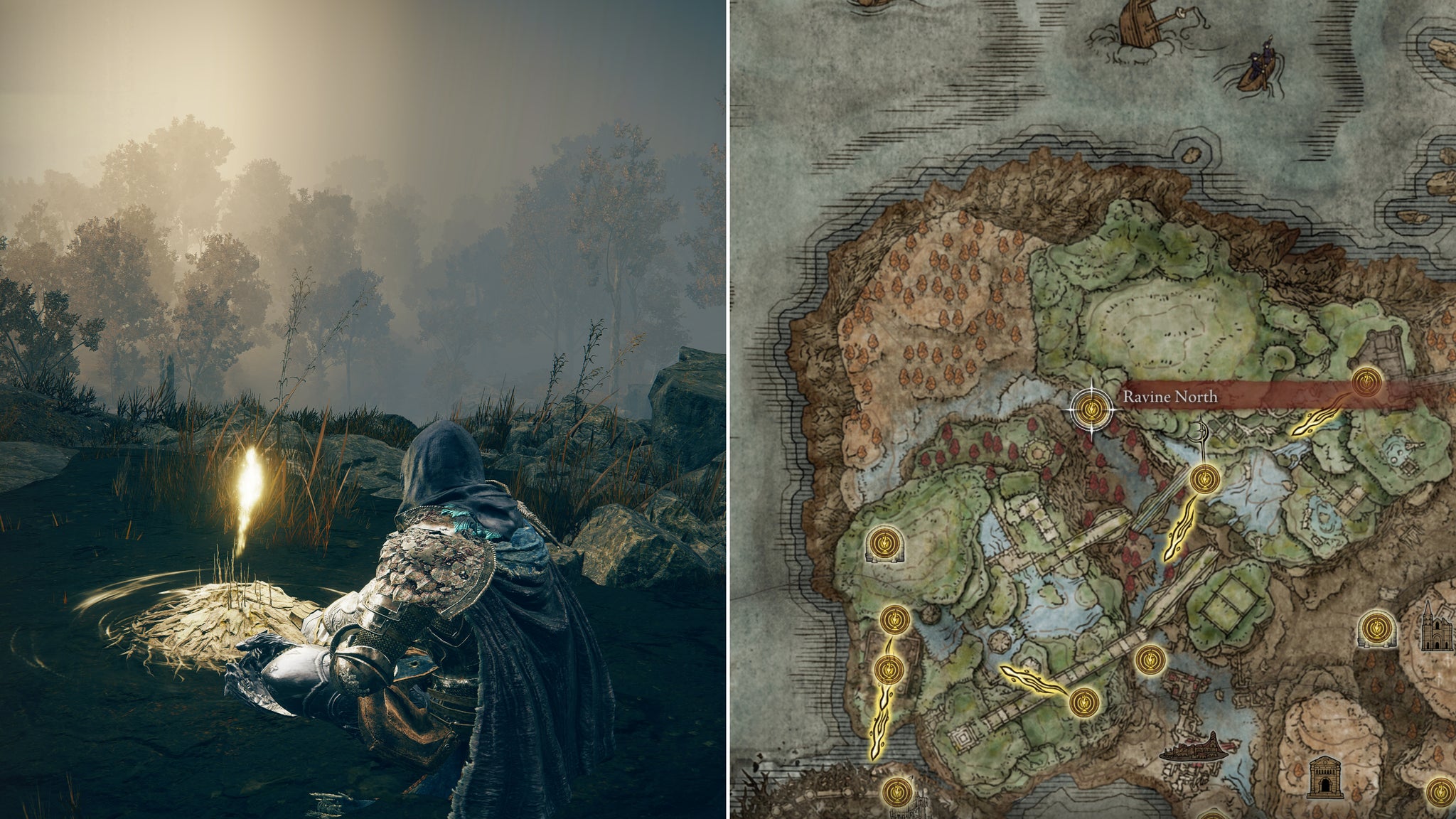 Two screenshots from Elden Ring: Shadow Of The Erdtree. Left: the player sits next to the Ravine North Site Of Grace. Right: the location of that Site Of Grace on the map. - 53