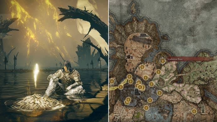 Two screenshots from Elden Ring: Shadow Of The Erdtree. Left: the player sits next to the Scadutree Base Site Of Grace. Right: the location of that Site Of Grace on the map.