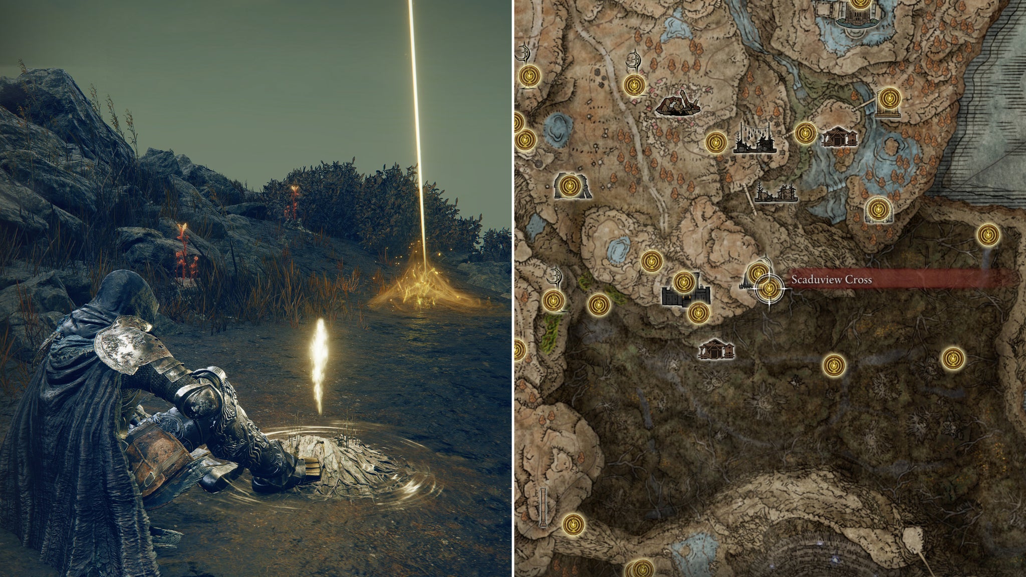 Two screenshots from Elden Ring: Shadow Of The Erdtree. Left: the player sits next to the Scaduview Cross Site Of Grace. Right: the location of that Site Of Grace on the map. - 62