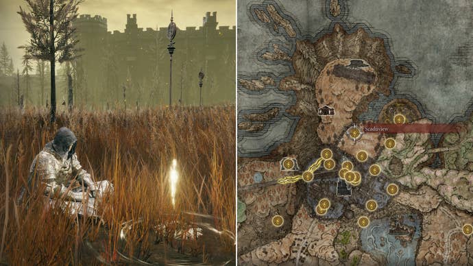 Two screenshots from Elden Ring: Shadow Of The Erdtree. Left: the player sits next to the Scaduview Site Of Grace. Right: the location of that Site Of Grace on the map.